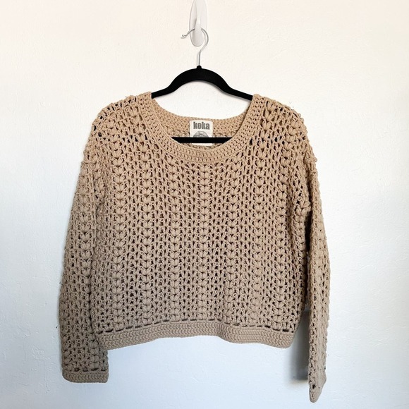 Koka Open Knit Festival Boho Open Knit Sweater Small Tan Khaki Artsy Crochet - Picture 1 of 6